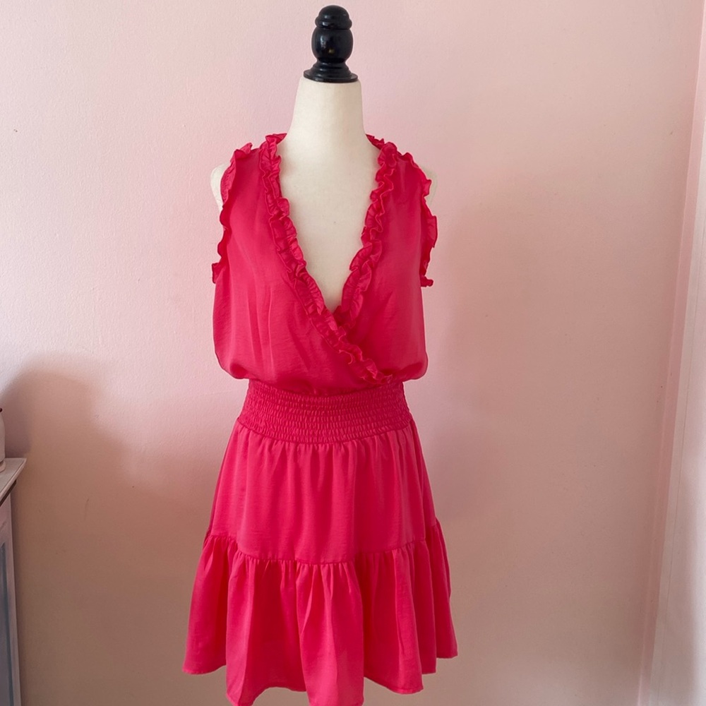 Glam summer dress West plated pink,color,v-neck mini hot pink flare raffle